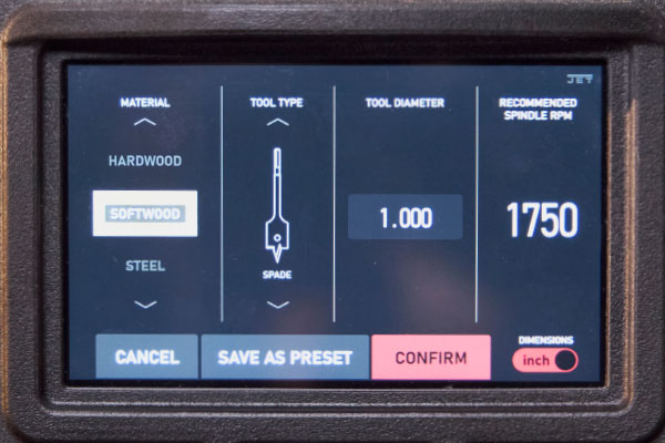 Drill press display showing settings