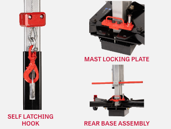  Smooth Operation with a Self Latching Hook, Mast Locking Plate, and Rear Base Assembly