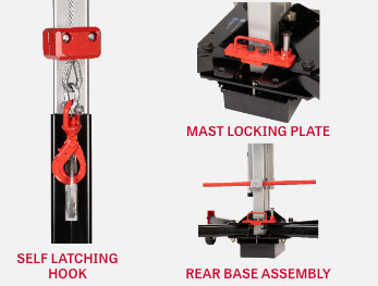 Smooth Operation with a Self Latching Hook, Mast Locking Plate, and Rear Base Assembly
